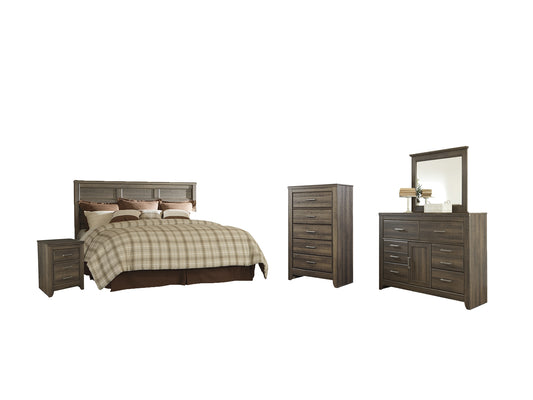 Juararo King/California King Panel Headboard Bed with Mirrored Dresser, Chest and Nightstand
