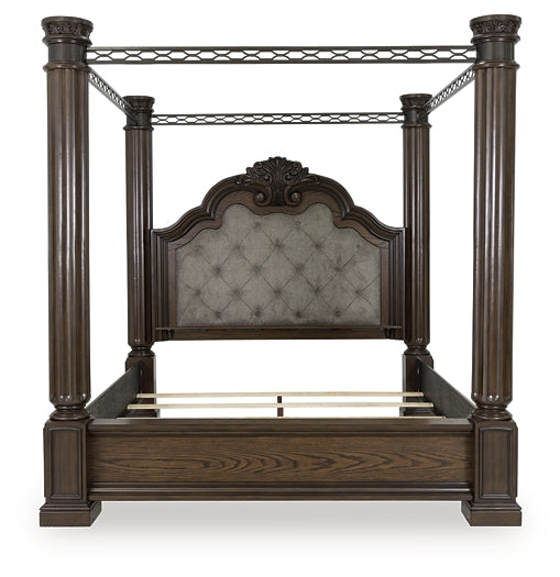 Maylee King Canopy Bed, Dresser, Mirror, Chest and Nightstand