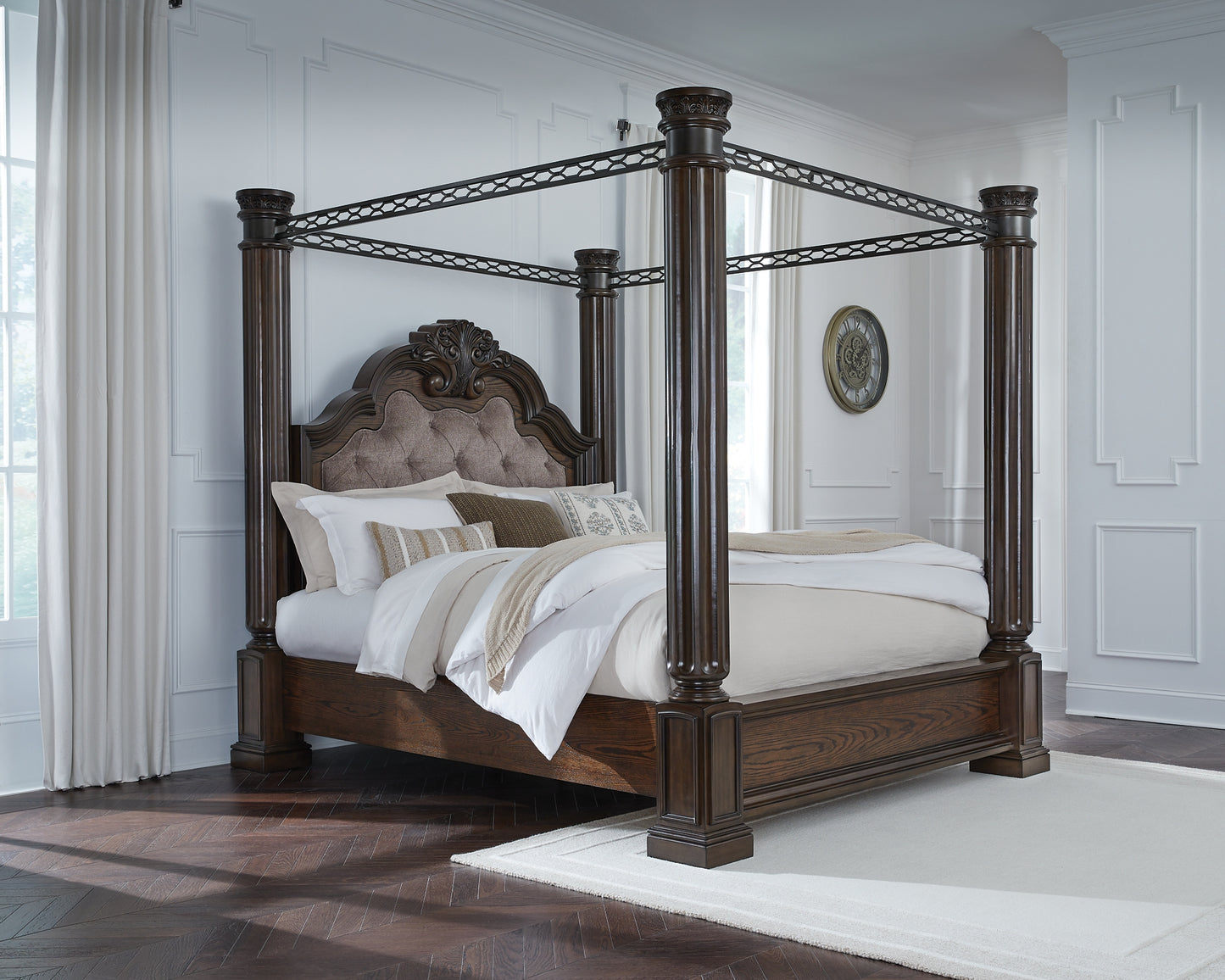 Maylee King Canopy Bed, Dresser, Mirror, Chest and Nightstand