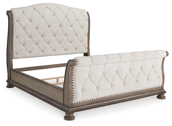 Ardenfield King Upholstered Sleigh Bed with Mirrored Dresser