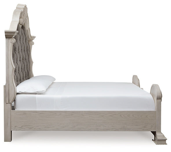 Bruchandi California King Upholstered Panel Bed with Mirrored Dresser and Nightstand