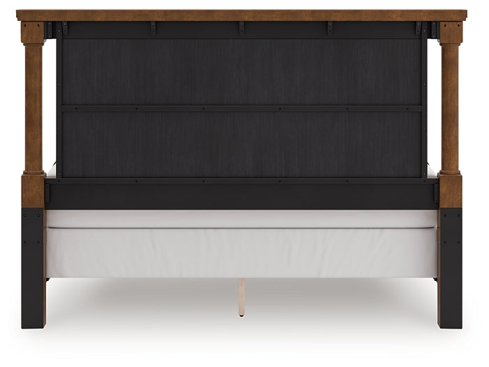 Rowlenstown California King Poster Bed with Mirrored Dresser and Nightstand