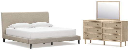 Cielden King Upholstered Bed with Roll Slats, Dresser and Mirror