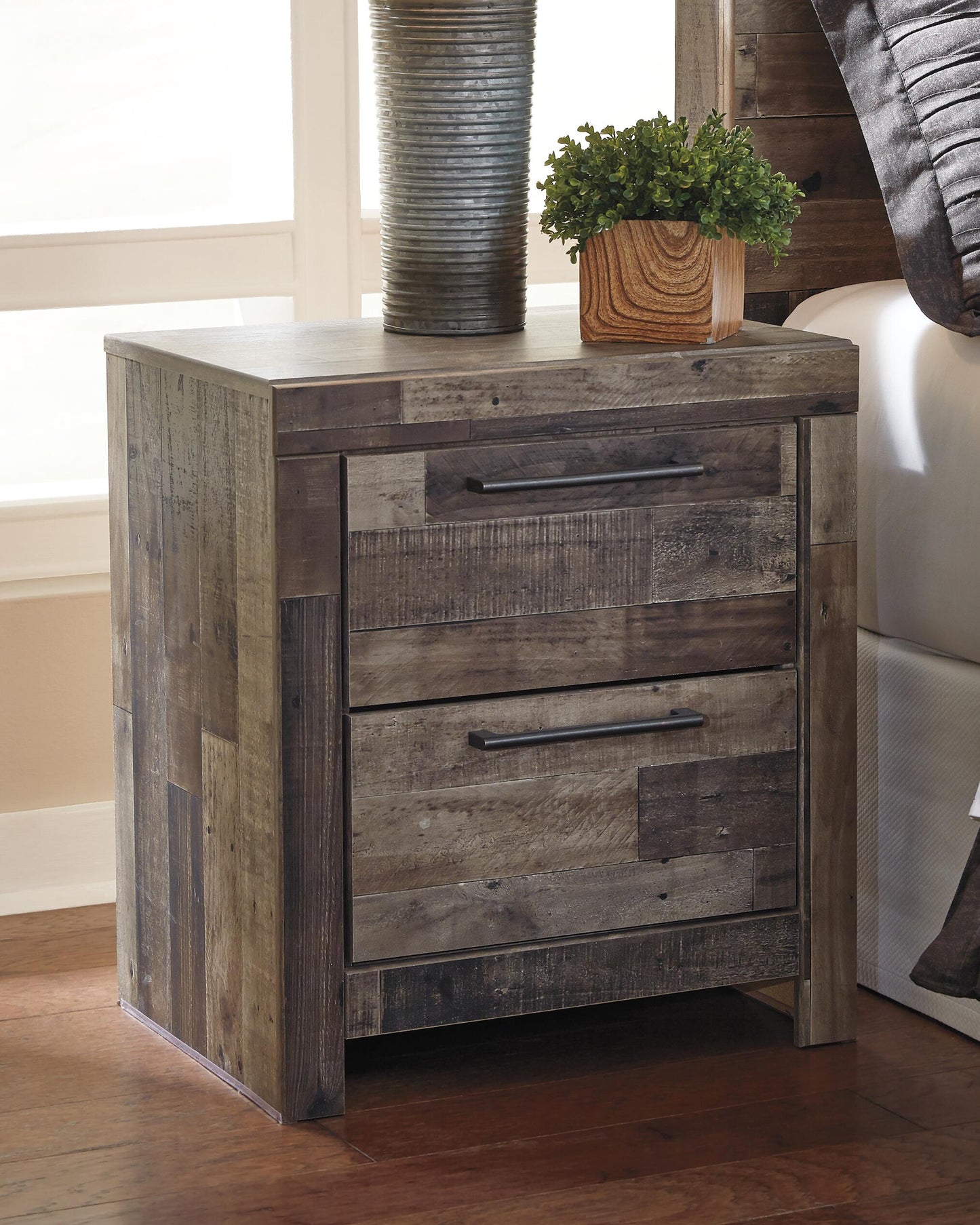 Derekson King Panel Bed with 4 Storage Drawers with Mirrored Dresser, Chest and Nightstand