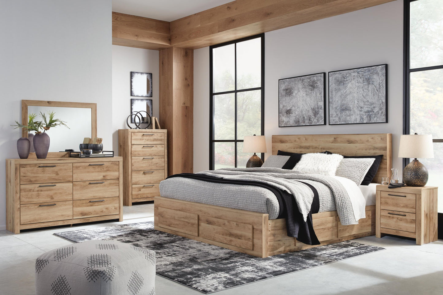 Hyanna Queen Panel Storage Bed with 2 Under Bed Storage Drawer, Dresser and Mirror