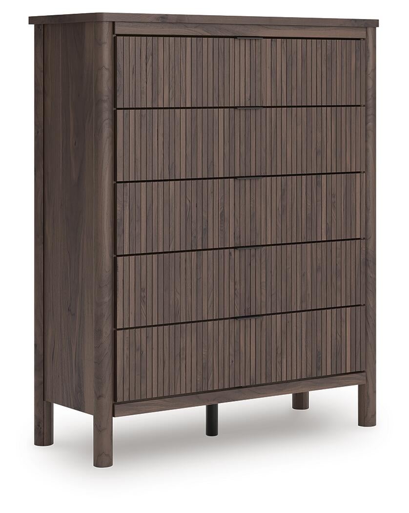 Cadmori Queen Upholstered Panel Platform Bed, Dresser, Mirror, Chest and Nightstand