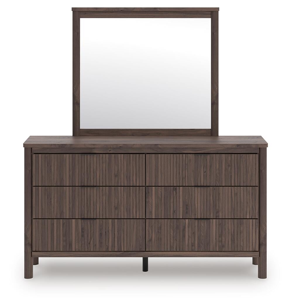 Cadmori Queen Upholstered Panel Platform Bed, Dresser and Mirror