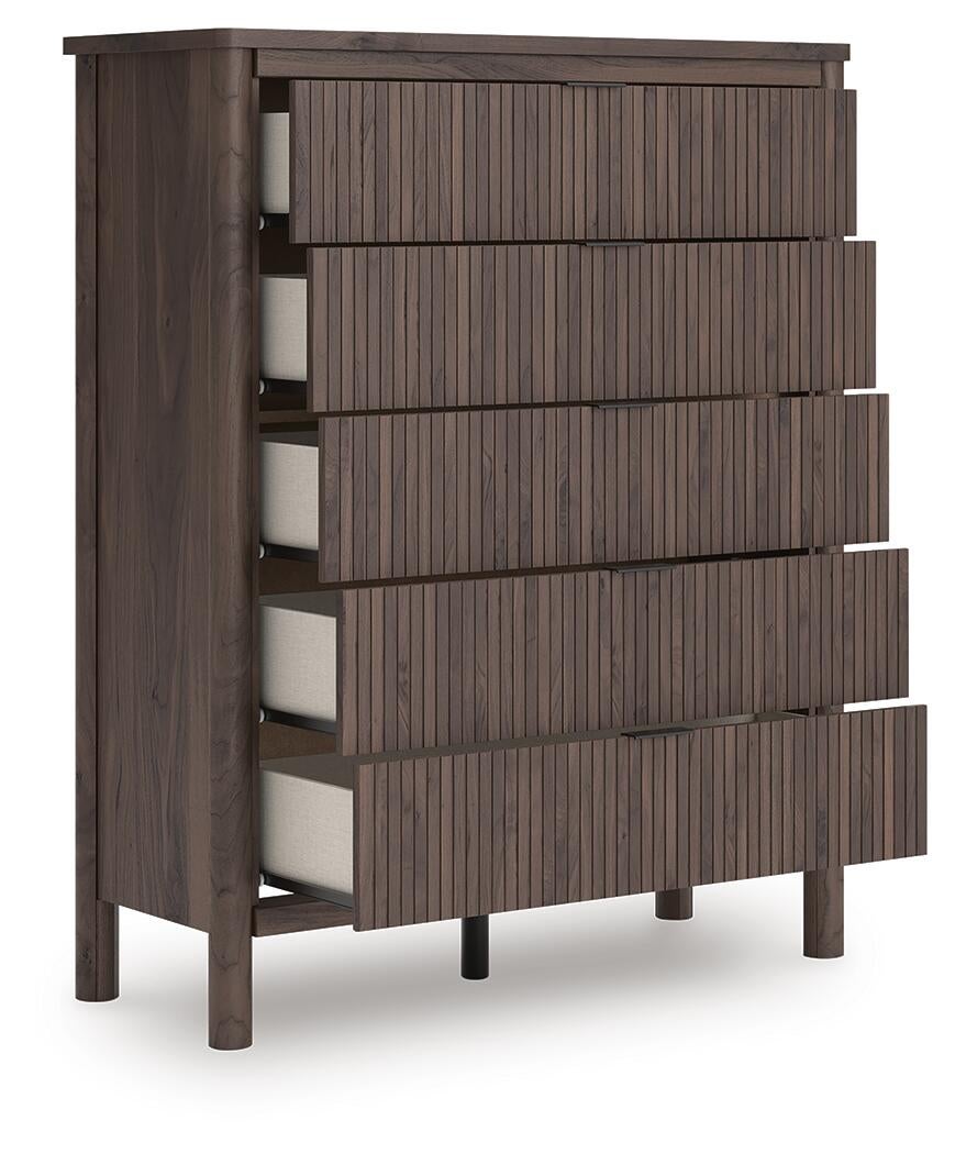 Cadmori King Upholstered Panel Platform Bed, Dresser, Mirror, Chest and Nightstand
