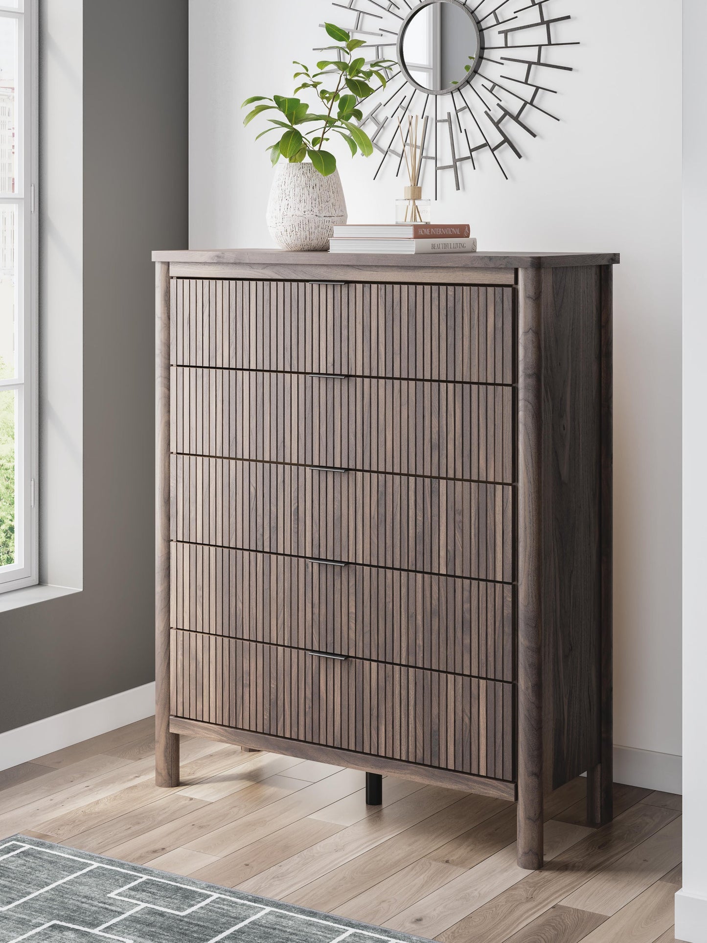 Cadmori Queen Upholstered Panel Bed, Dresser, Mirror and Nightstand