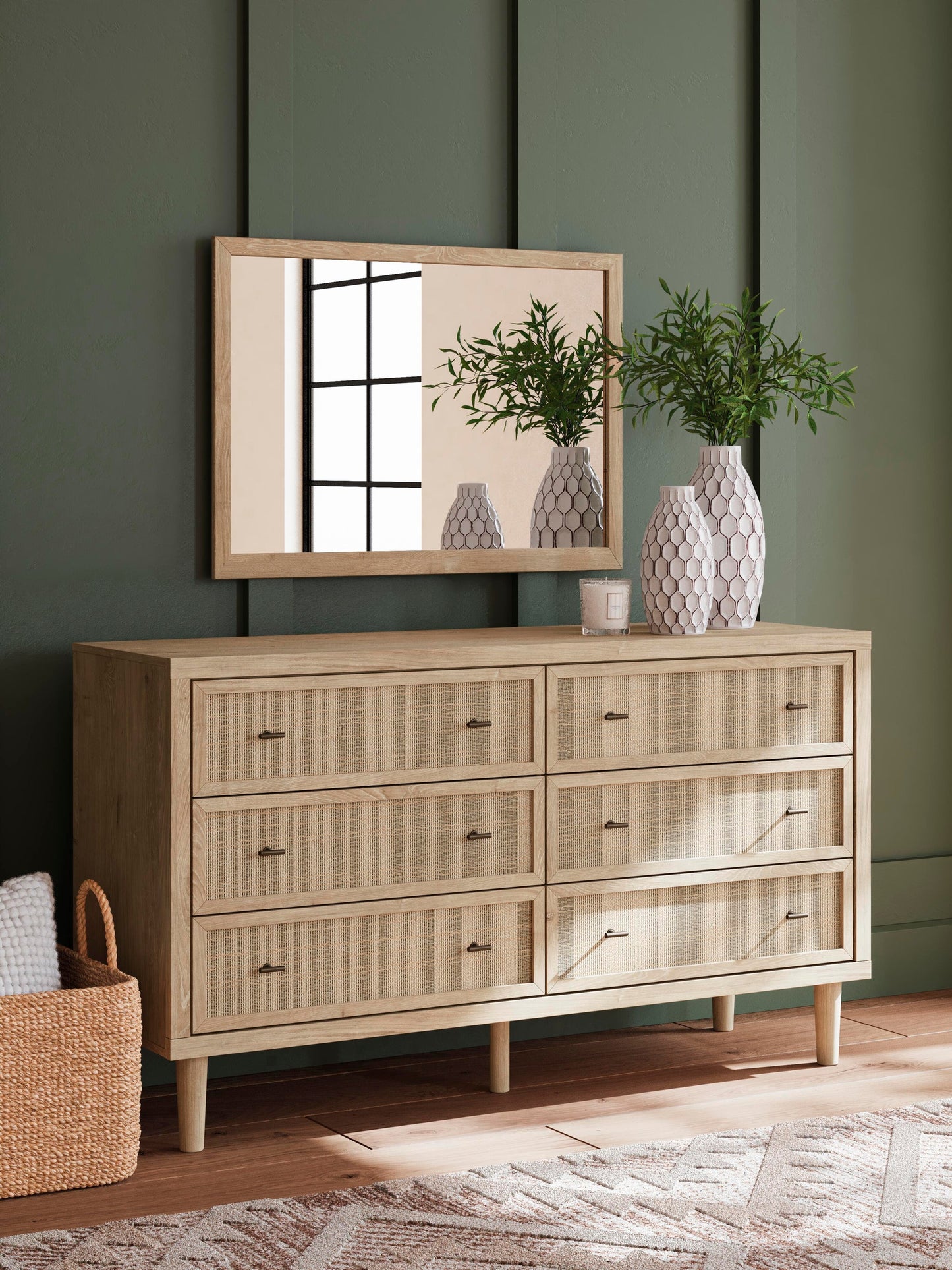 Cielden Queen Upholstered Bed with Roll Slats, Dresser, Mirror and Nightstand