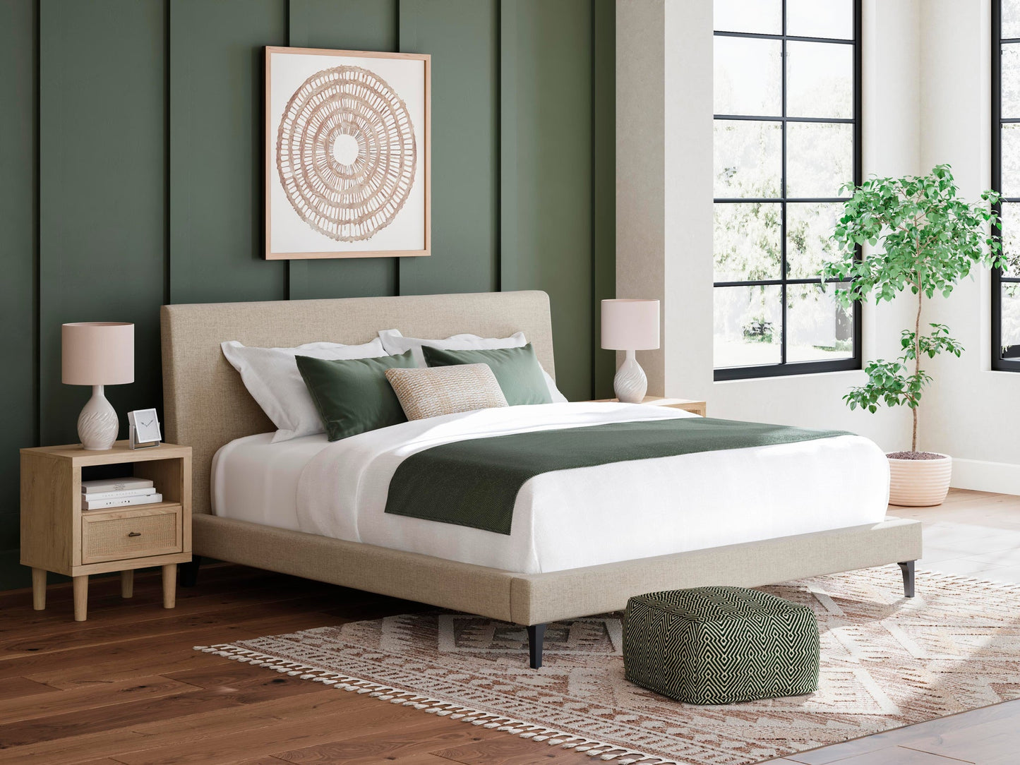 Cielden King Upholstered Bed with Roll Slats, Dresser, Mirror, Chest and Nightstand