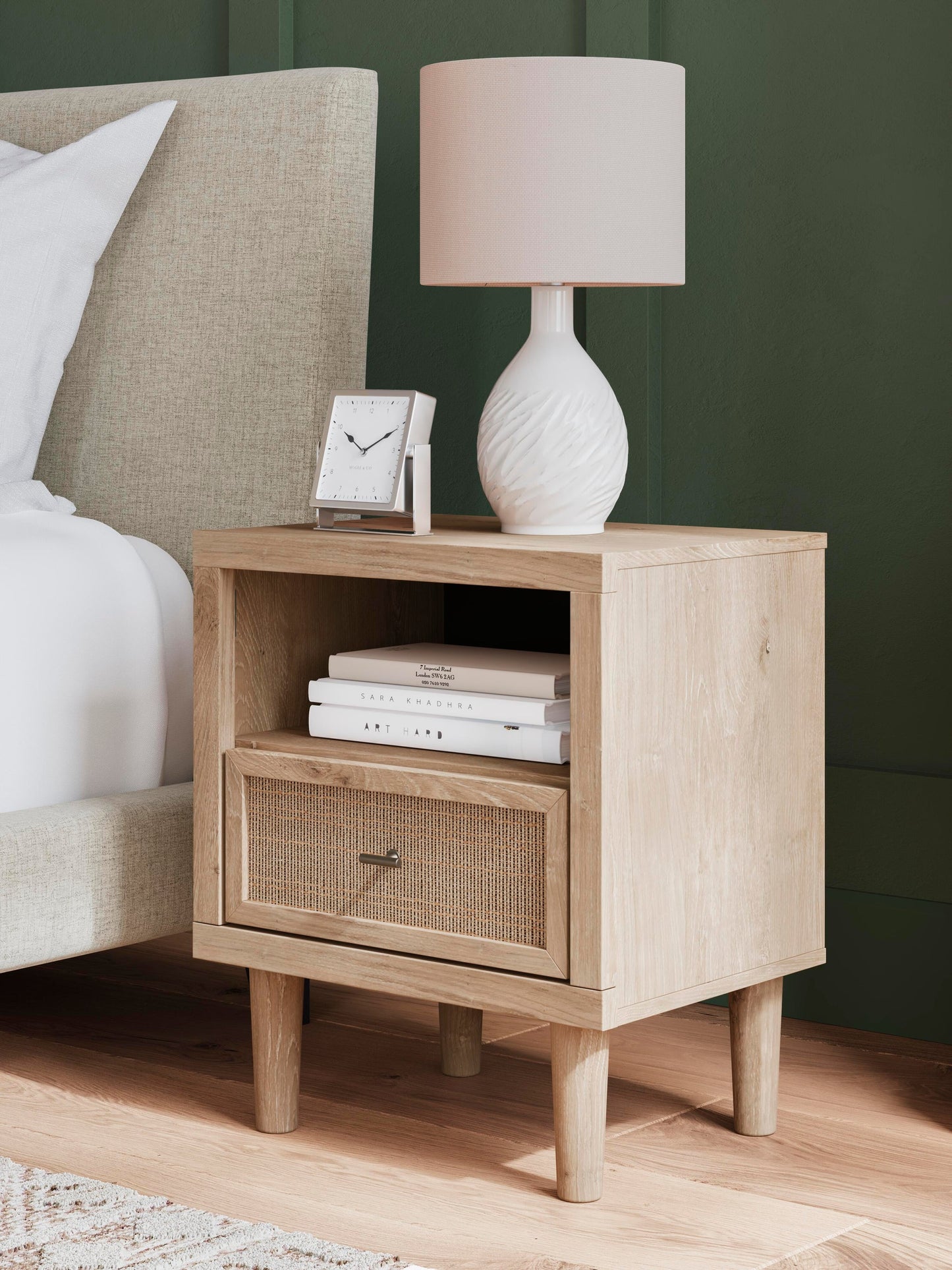 Cielden Full Upholstered Bed with Roll Slats, Dresser, Mirror, Chest and Nightstand
