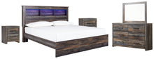 Load image into Gallery viewer, Drystan King Panel Bookcase Bed with Mirrored Dresser and 2 Nightstands
