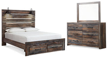 Load image into Gallery viewer, Drystan Queen Panel Bed with 2 Storage Drawers with Mirrored Dresser
